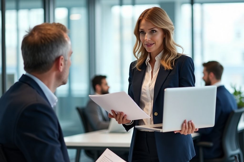 In an open-plan office, an auditor standing with an open laptop talks with a colleague seated at his desk, who hands her a document.